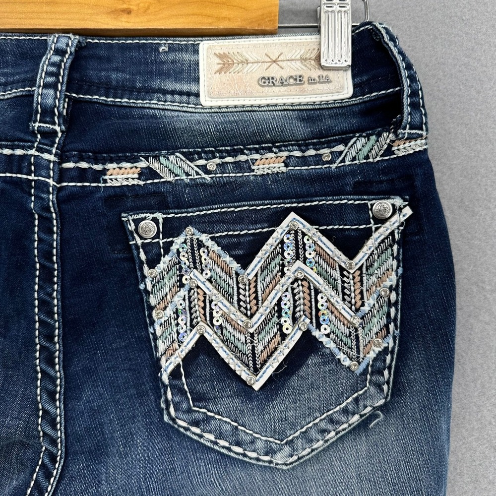 Grace‎ in LA Easy Fit Embellished Pockets Dark Wash Jeans SZ 25 (27x29) Biker